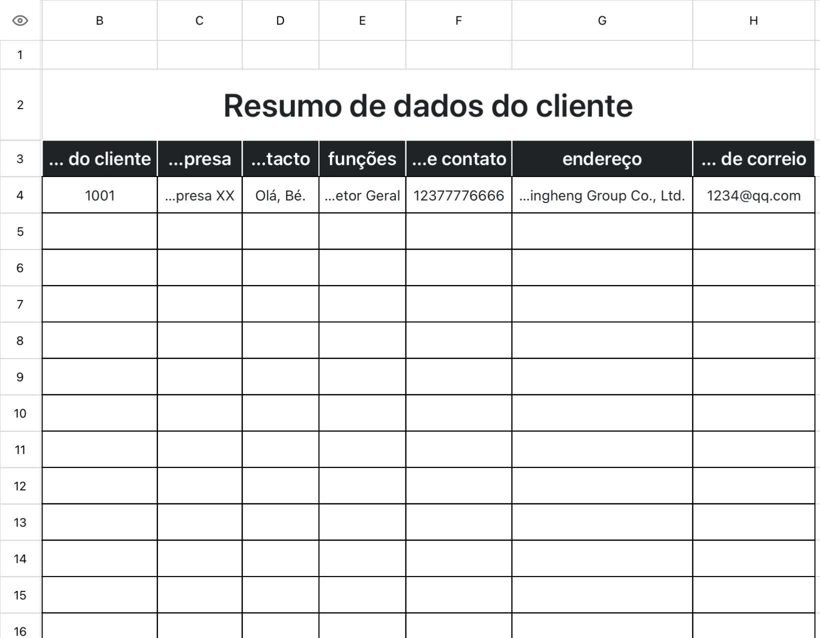 Resumo de dados do cliente
